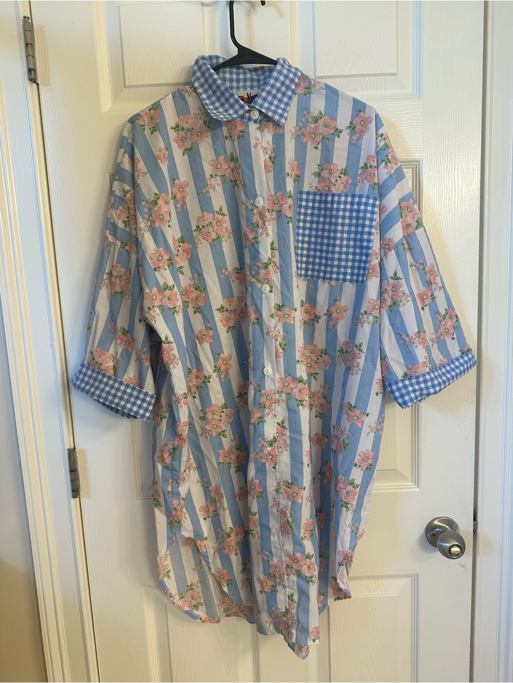 Cottagecore Gingham Floral Nightgown Women’s L Snooze Wear Button Front Hawaii